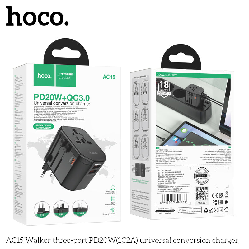 HOCO AC15 Walker three-port PD20W 1C2A universal Charger wholesale mobile accessory