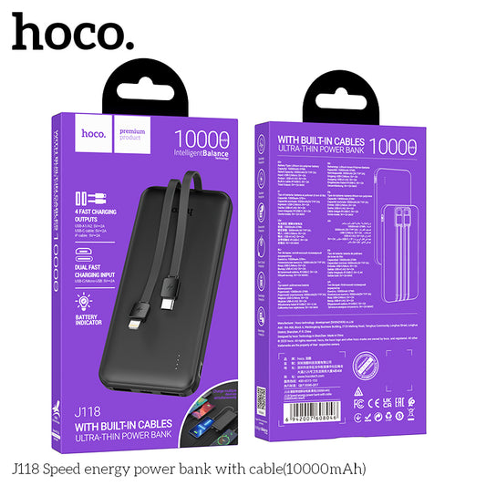 Hoco J118 Speed energy power bank with cable 10000mAh - Black wholesale mobile accessory