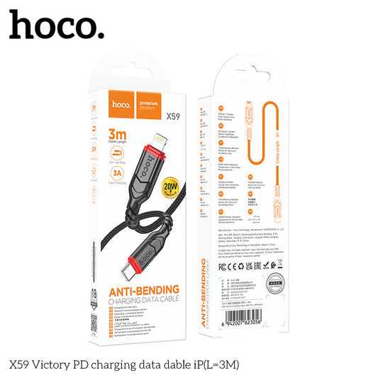 50% credit back - HOCO X59 Victory PD Type-C to Lightning charging  cable iP(L=3M) - Black