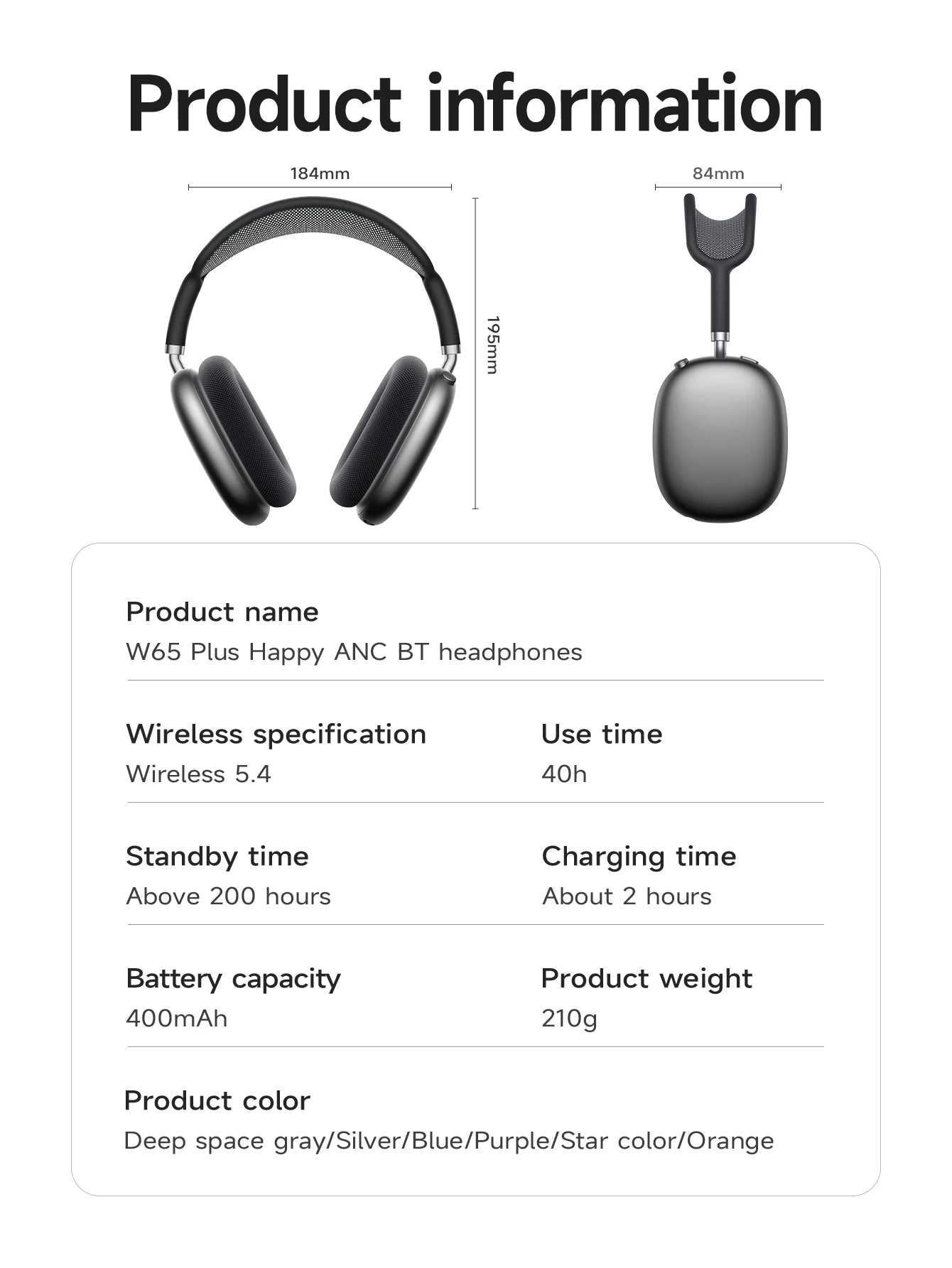 W65 Plus Happy ANC BT headphones Deep Space blue