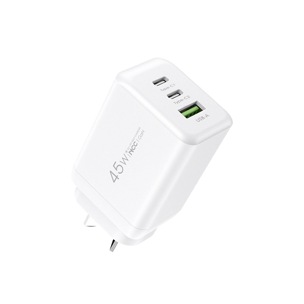NCC CD001 45W AU plug USB-A + dual USB-C GaN charger, white