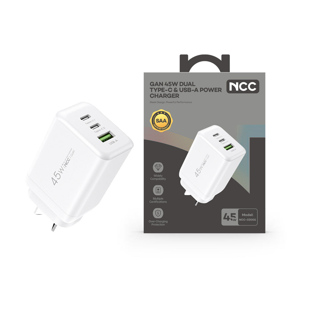 NCC CD001 45W AU plug USB-A + dual USB-C GaN charger, white