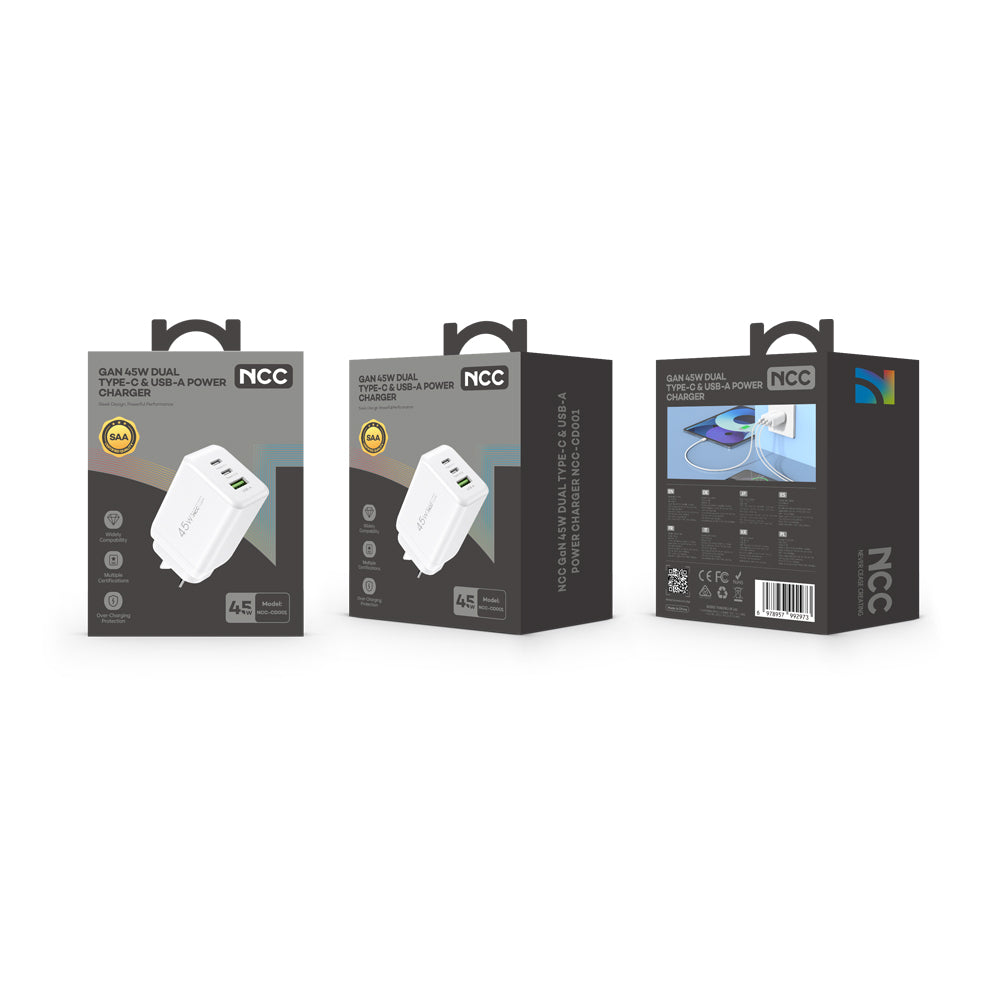 NCC CD001 45W AU plug USB-A + dual USB-C GaN charger, white