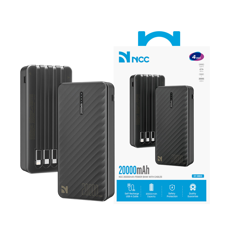 NCC DY-0803 20000mAh 10W power bank with built-in cable, black
