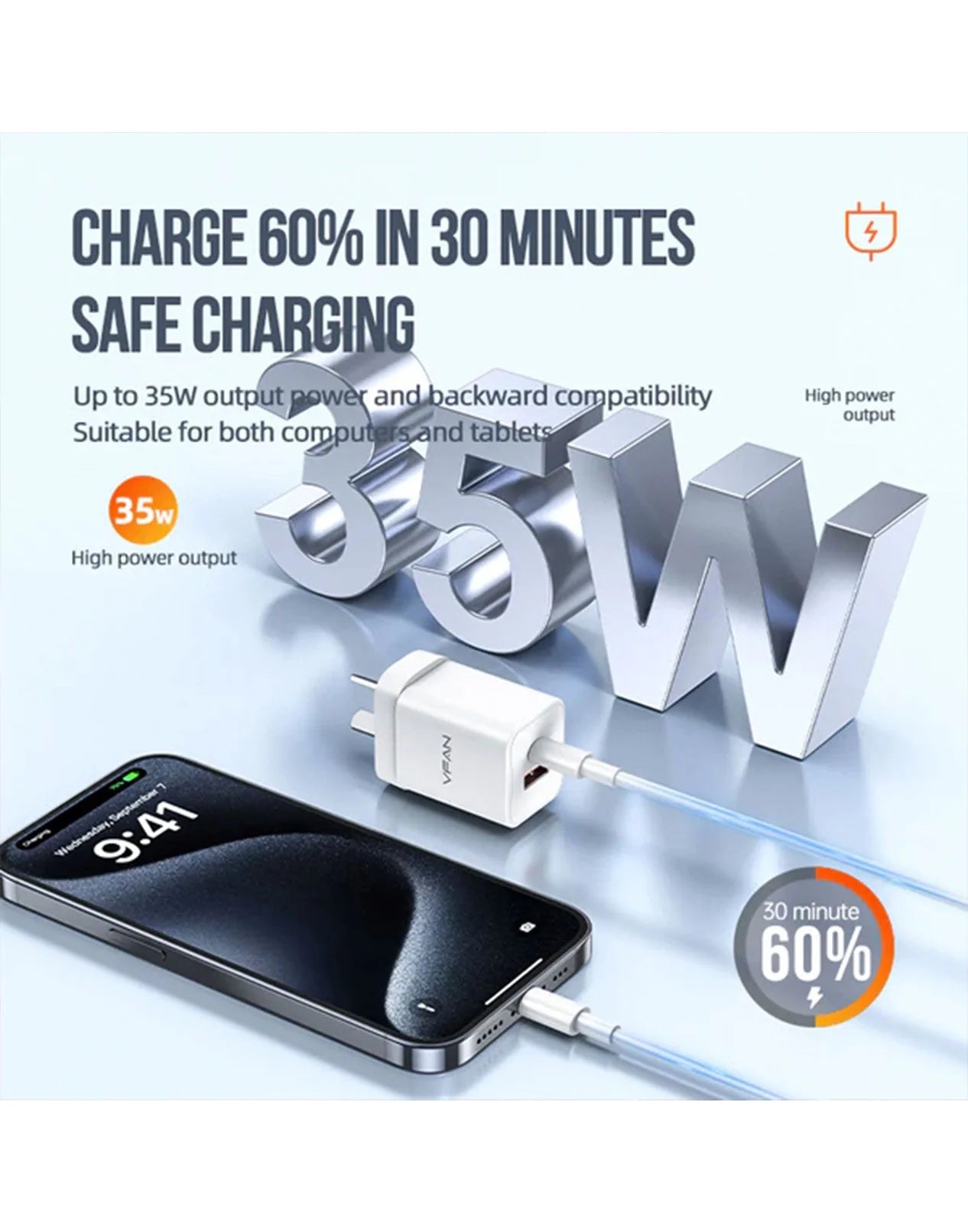 VFAN GaN 35W Dual Type-C & USB-A PD Ultra Fast Charger - AU8 wholesale mobile accessory