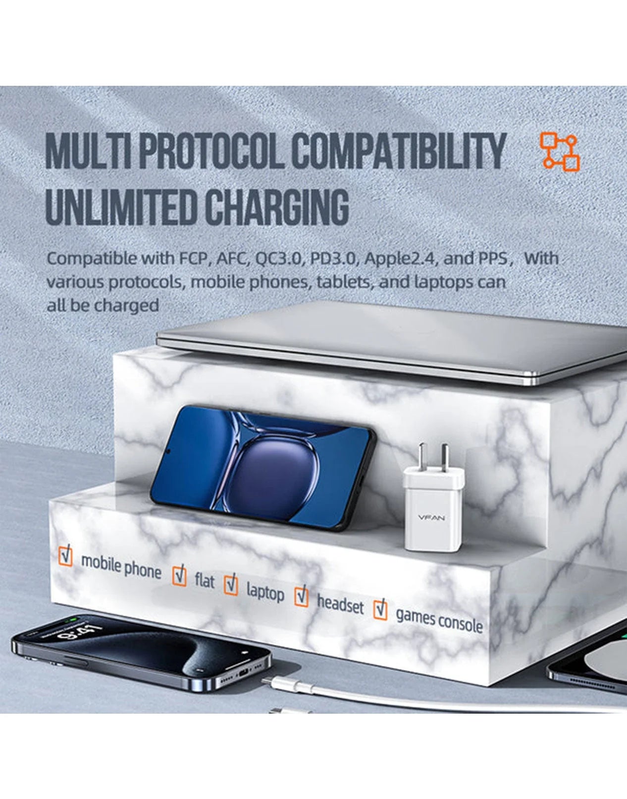 VFAN GaN 35W Dual Type-C & USB-A PD Ultra Fast Charger - AU8 wholesale mobile accessory