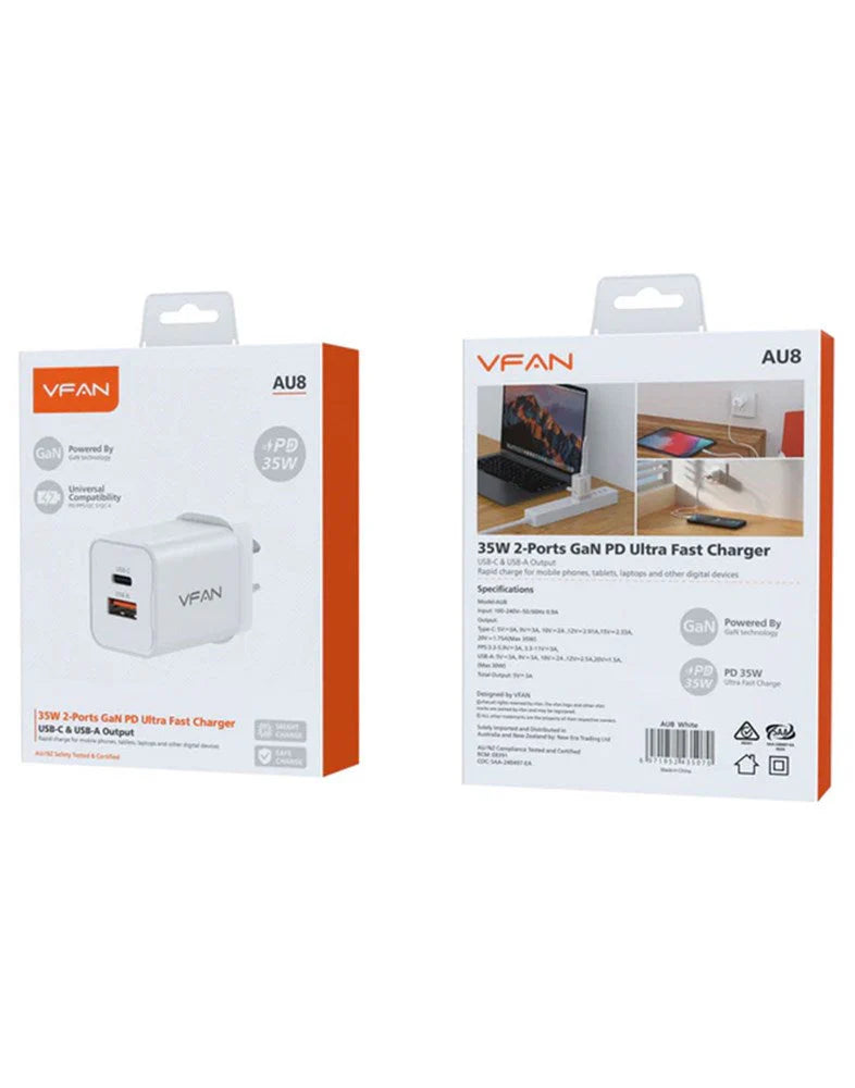 VFAN GaN 35W Dual Type-C & USB-A PD Ultra Fast Charger - AU8 wholesale mobile accessory