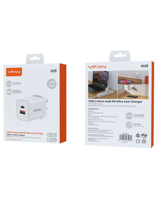 VFAN GaN 35W Dual Type-C & USB-A PD Ultra Fast Charger - AU8 wholesale mobile accessory