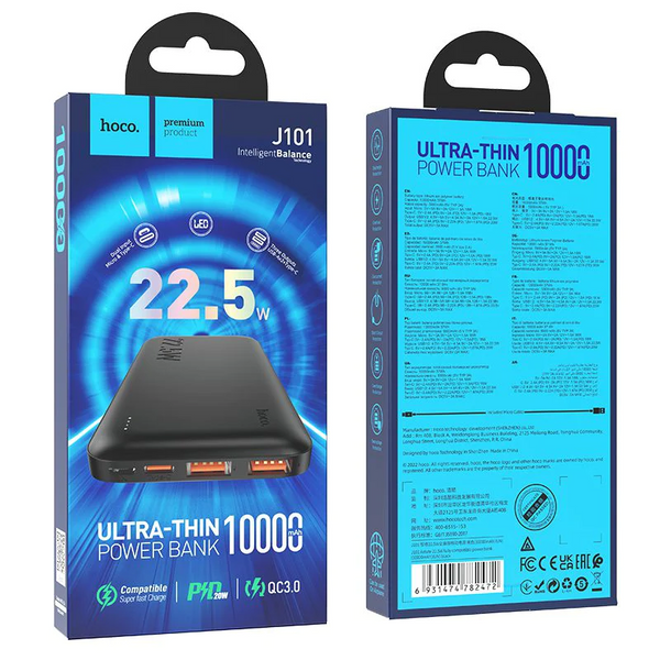 Hoco J101 22.5W Ultra Thin Astute Power Bank 10000mAh - Black