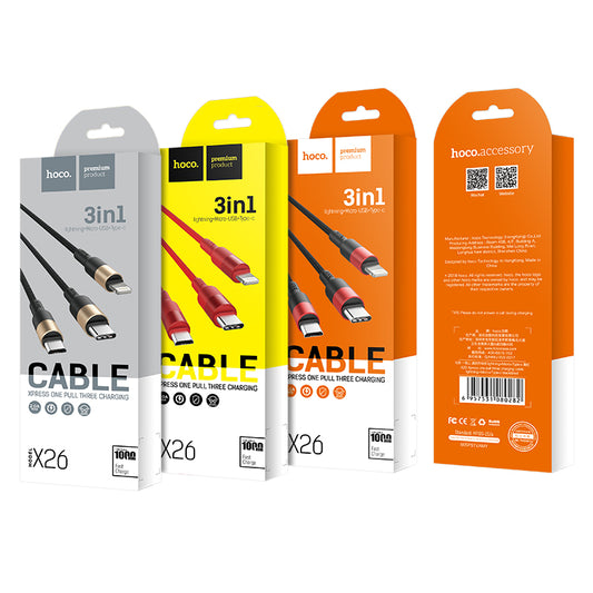 HOCO X26 Xpress one pull three charging cable,lightning+Micro+Type-c L=1M