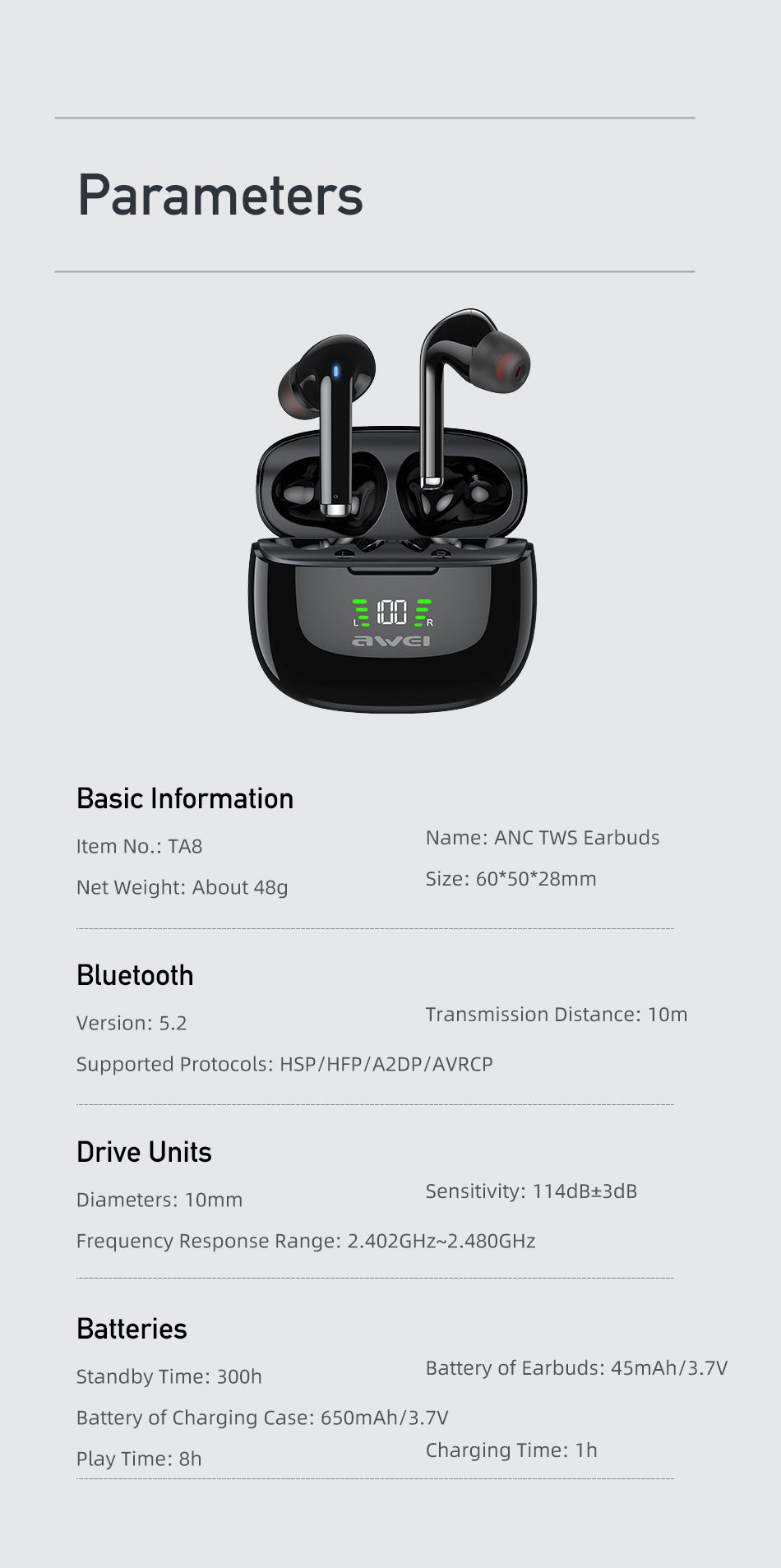 Awei TA8 True Wireless ANC Earbuds with Charging Case