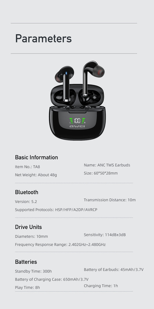 Awei TA8 True Wireless ANC Earbuds with Charging Case