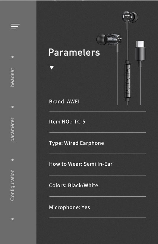 Awei TC-5 Type-C Jack In-Ear Earphone for Samsung Phones