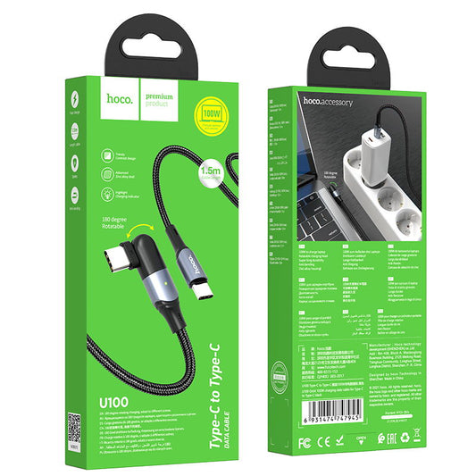 U100 Type C to Type C 100W Rotate Super Fast Charging Laptop Cable - Black