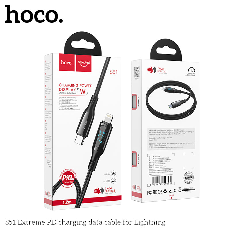 HCOO S51  Extreme PD charging cable TYPE C to LIGHTNING - Black